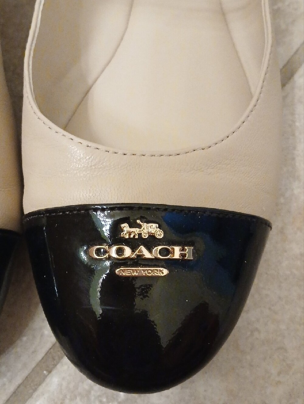Coach Beige and Black Patent Toe Mary Jane Flats - Picture 2 of 11